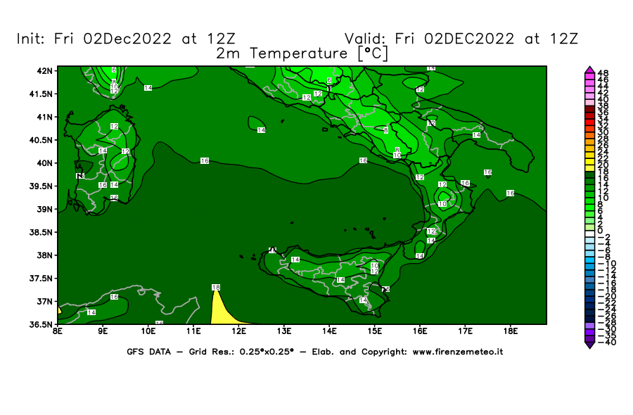 Mappa di analisi GFS - Temperatura a 2 metri dal suolo [°C] in Sud-Italia
							del 02/12/2022 12 <!--googleoff: index-->UTC<!--googleon: index-->