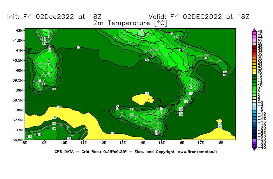 Mappa di analisi GFS - Temperatura a 2 metri dal suolo [°C] in Sud-Italia
							del 02/12/2022 18 <!--googleoff: index-->UTC<!--googleon: index-->