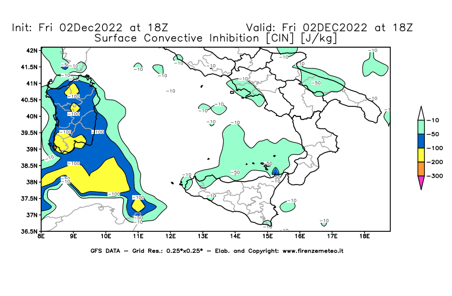 Mappa di analisi GFS - CIN [J/kg] in Sud-Italia
							del 02/12/2022 18 <!--googleoff: index-->UTC<!--googleon: index-->