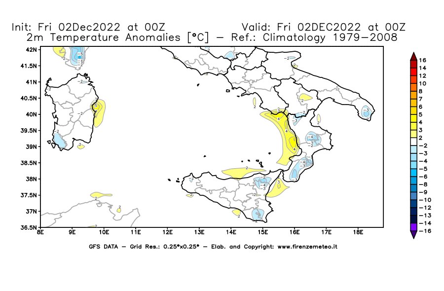 Mappa di analisi GFS - Anomalia Temperatura [°C] a 2 m in Sud-Italia
							del 02/12/2022 00 <!--googleoff: index-->UTC<!--googleon: index-->