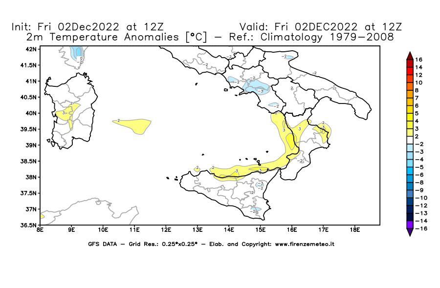 Mappa di analisi GFS - Anomalia Temperatura [°C] a 2 m in Sud-Italia
							del 02/12/2022 12 <!--googleoff: index-->UTC<!--googleon: index-->
