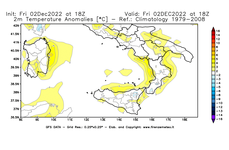 Mappa di analisi GFS - Anomalia Temperatura [°C] a 2 m in Sud-Italia
							del 02/12/2022 18 <!--googleoff: index-->UTC<!--googleon: index-->