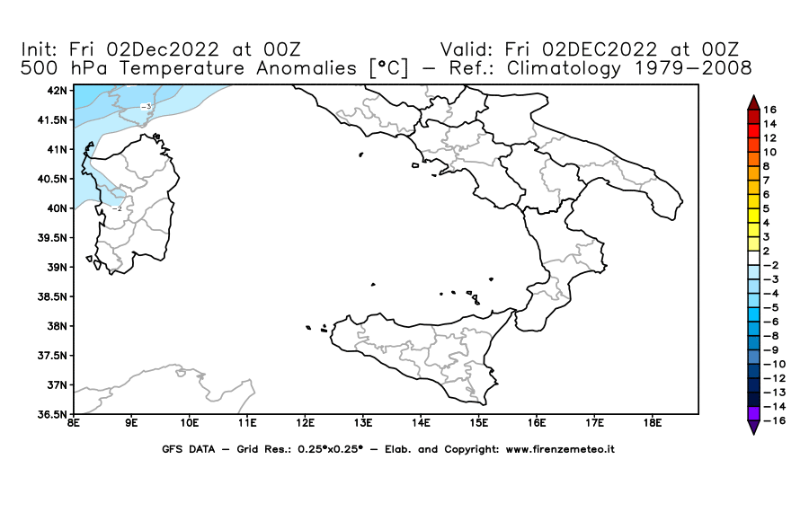 Mappa di analisi GFS - Anomalia Temperatura [°C] a 500 hPa in Sud-Italia
							del 02/12/2022 00 <!--googleoff: index-->UTC<!--googleon: index-->