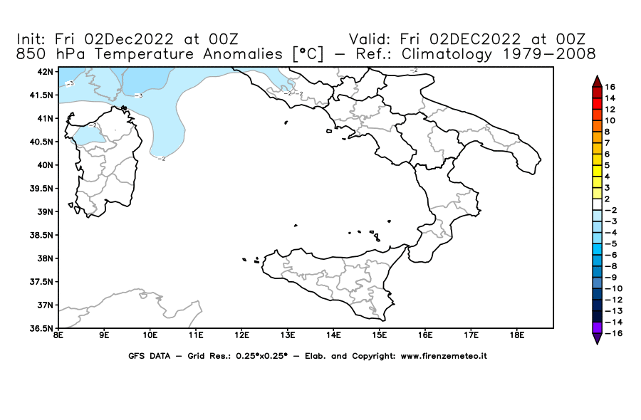 Mappa di analisi GFS - Anomalia Temperatura [°C] a 850 hPa in Sud-Italia
							del 02/12/2022 00 <!--googleoff: index-->UTC<!--googleon: index-->