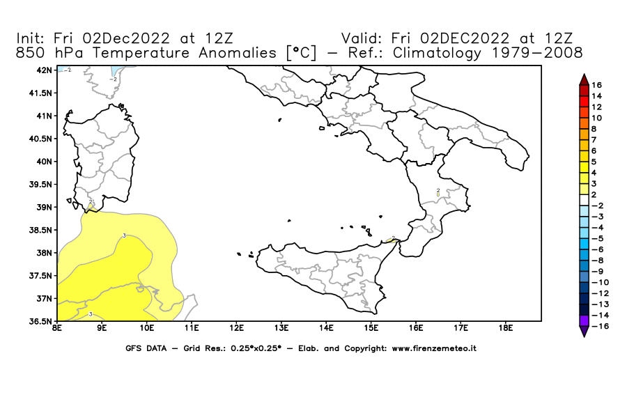 Mappa di analisi GFS - Anomalia Temperatura [°C] a 850 hPa in Sud-Italia
							del 02/12/2022 12 <!--googleoff: index-->UTC<!--googleon: index-->