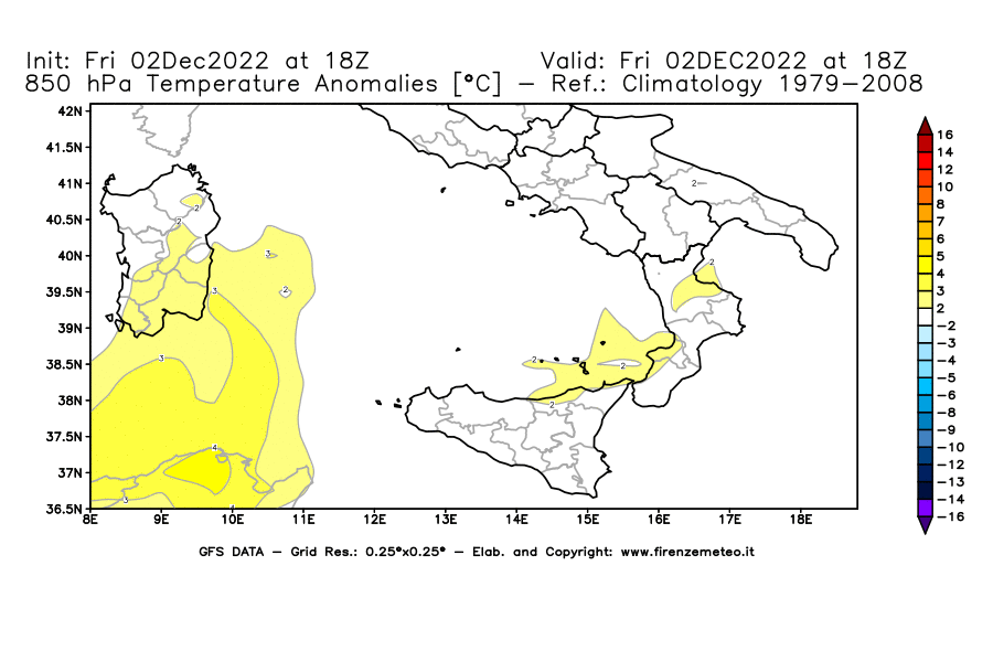 Mappa di analisi GFS - Anomalia Temperatura [°C] a 850 hPa in Sud-Italia
							del 02/12/2022 18 <!--googleoff: index-->UTC<!--googleon: index-->