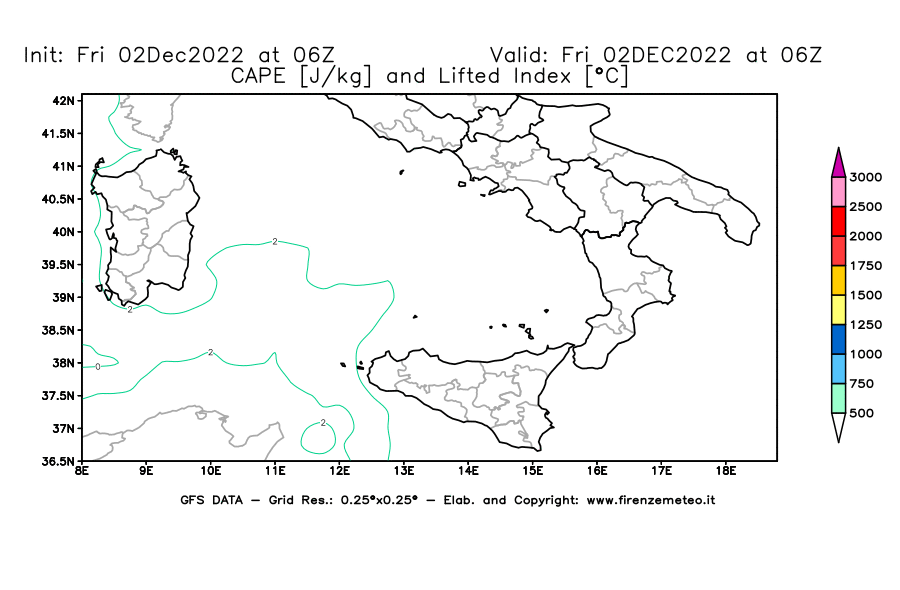 Mappa di analisi GFS - CAPE [J/kg] e Lifted Index [°C] in Sud-Italia
							del 02/12/2022 06 <!--googleoff: index-->UTC<!--googleon: index-->