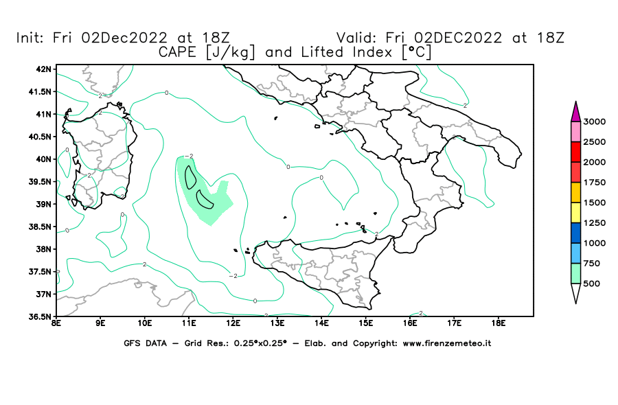 Mappa di analisi GFS - CAPE [J/kg] e Lifted Index [°C] in Sud-Italia
							del 02/12/2022 18 <!--googleoff: index-->UTC<!--googleon: index-->