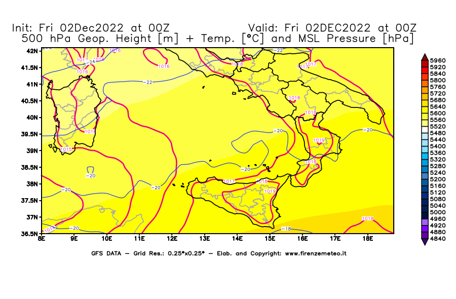 Mappa di analisi GFS - Geopotenziale [m] + Temp. [°C] a 500 hPa + Press. a livello del mare [hPa] in Sud-Italia
							del 02/12/2022 00 <!--googleoff: index-->UTC<!--googleon: index-->