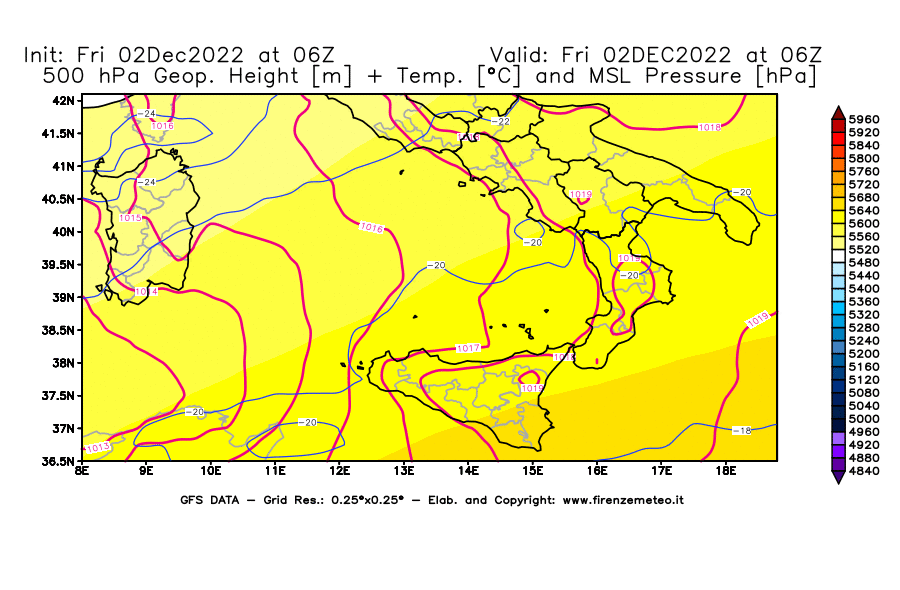 Mappa di analisi GFS - Geopotenziale [m] + Temp. [°C] a 500 hPa + Press. a livello del mare [hPa] in Sud-Italia
							del 02/12/2022 06 <!--googleoff: index-->UTC<!--googleon: index-->