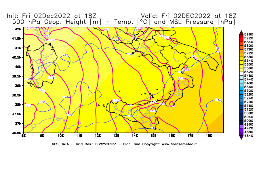 Mappa di analisi GFS - Geopotenziale [m] + Temp. [°C] a 500 hPa + Press. a livello del mare [hPa] in Sud-Italia
							del 02/12/2022 18 <!--googleoff: index-->UTC<!--googleon: index-->