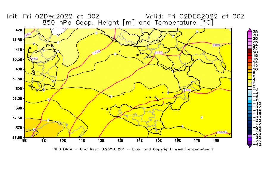 Mappa di analisi GFS - Geopotenziale [m] e Temperatura [°C] a 850 hPa in Sud-Italia
							del 02/12/2022 00 <!--googleoff: index-->UTC<!--googleon: index-->