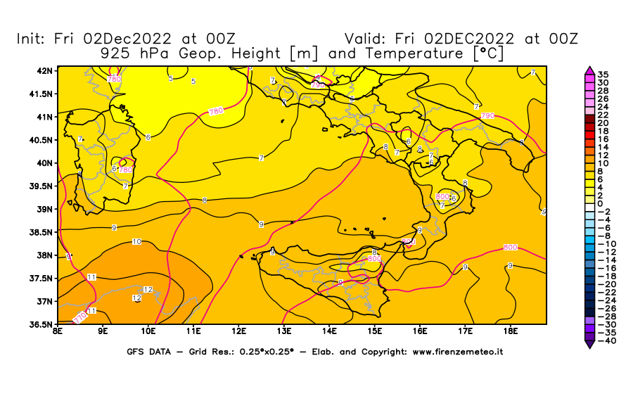 Mappa di analisi GFS - Geopotenziale [m] e Temperatura [°C] a 925 hPa in Sud-Italia
							del 02/12/2022 00 <!--googleoff: index-->UTC<!--googleon: index-->