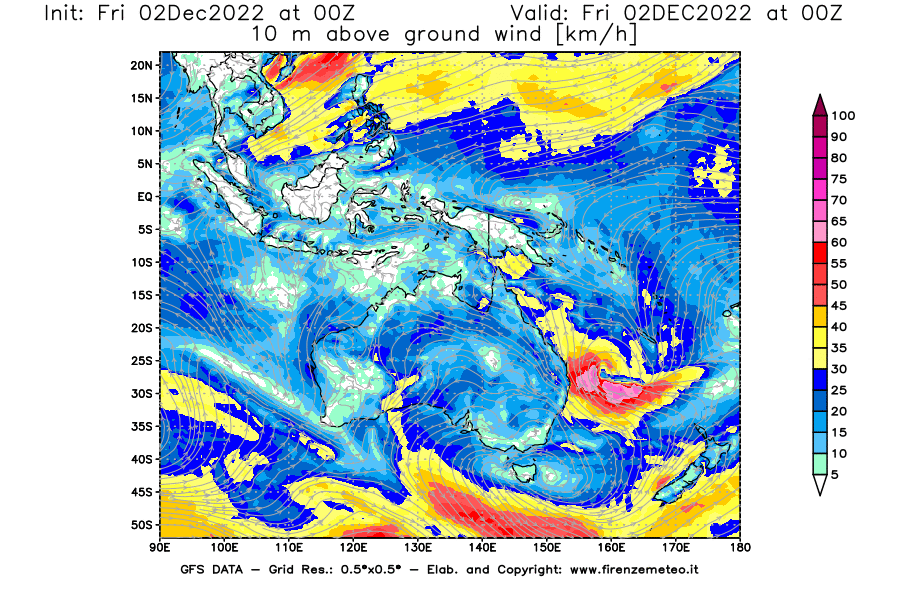 Mappa di analisi GFS - Velocità del vento a 10 metri dal suolo [km/h] in Oceania
							del 02/12/2022 00 <!--googleoff: index-->UTC<!--googleon: index-->