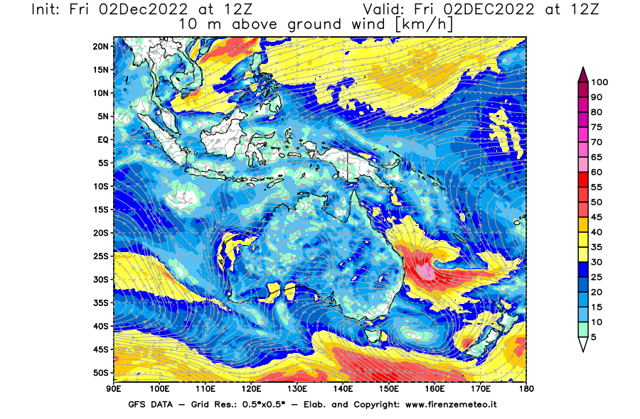 Mappa di analisi GFS - Velocità del vento a 10 metri dal suolo [km/h] in Oceania
							del 02/12/2022 12 <!--googleoff: index-->UTC<!--googleon: index-->
