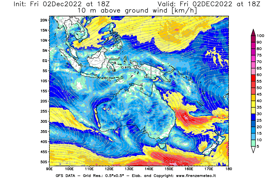 Mappa di analisi GFS - Velocità del vento a 10 metri dal suolo [km/h] in Oceania
							del 02/12/2022 18 <!--googleoff: index-->UTC<!--googleon: index-->