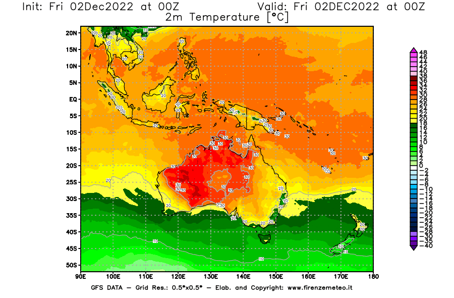Mappa di analisi GFS - Temperatura a 2 metri dal suolo [°C] in Oceania
							del 02/12/2022 00 <!--googleoff: index-->UTC<!--googleon: index-->