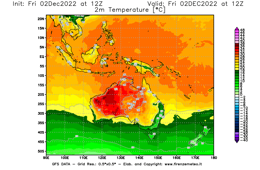 Mappa di analisi GFS - Temperatura a 2 metri dal suolo [°C] in Oceania
							del 02/12/2022 12 <!--googleoff: index-->UTC<!--googleon: index-->