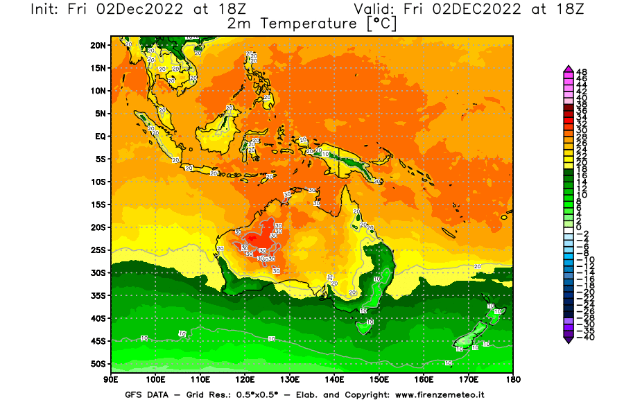 Mappa di analisi GFS - Temperatura a 2 metri dal suolo [°C] in Oceania
							del 02/12/2022 18 <!--googleoff: index-->UTC<!--googleon: index-->