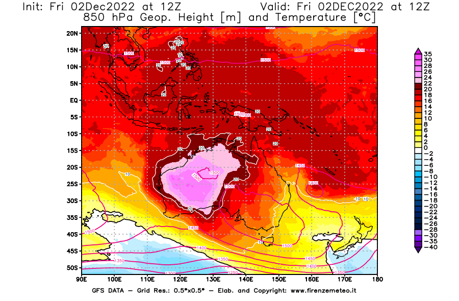 Mappa di analisi GFS - Geopotenziale [m] e Temperatura [°C] a 850 hPa in Oceania
							del 02/12/2022 12 <!--googleoff: index-->UTC<!--googleon: index-->