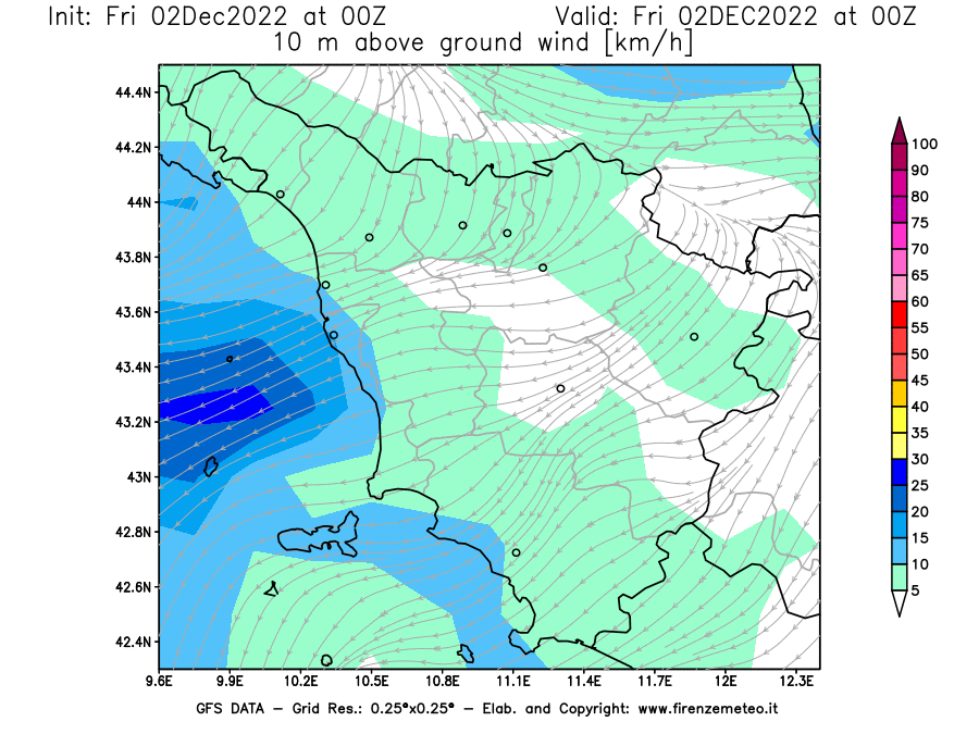Mappa di analisi GFS - Velocità del vento a 10 metri dal suolo [km/h] in Toscana
							del 02/12/2022 00 <!--googleoff: index-->UTC<!--googleon: index-->