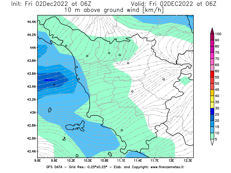 Mappa di analisi GFS - Velocità del vento a 10 metri dal suolo [km/h] in Toscana
							del 02/12/2022 06 <!--googleoff: index-->UTC<!--googleon: index-->