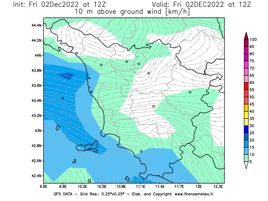 Mappa di analisi GFS - Velocità del vento a 10 metri dal suolo [km/h] in Toscana
							del 02/12/2022 12 <!--googleoff: index-->UTC<!--googleon: index-->