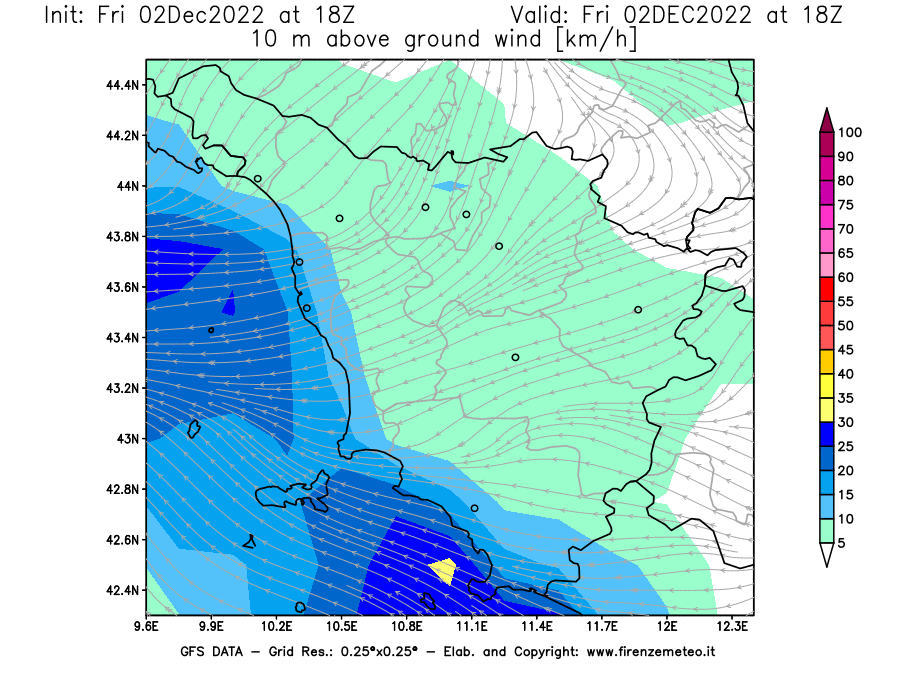 Mappa di analisi GFS - Velocità del vento a 10 metri dal suolo [km/h] in Toscana
							del 02/12/2022 18 <!--googleoff: index-->UTC<!--googleon: index-->