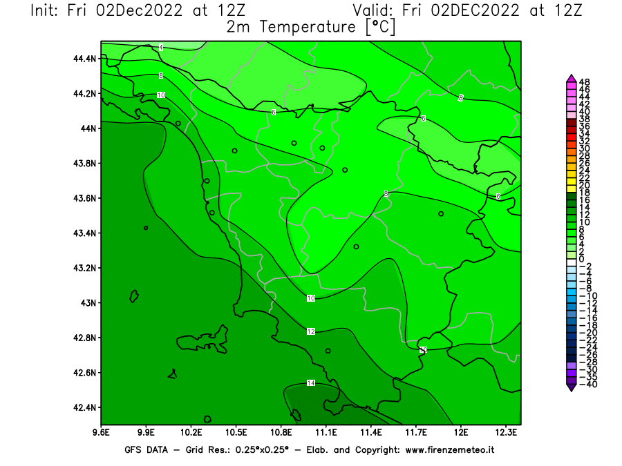 Mappa di analisi GFS - Temperatura a 2 metri dal suolo [°C] in Toscana
							del 02/12/2022 12 <!--googleoff: index-->UTC<!--googleon: index-->