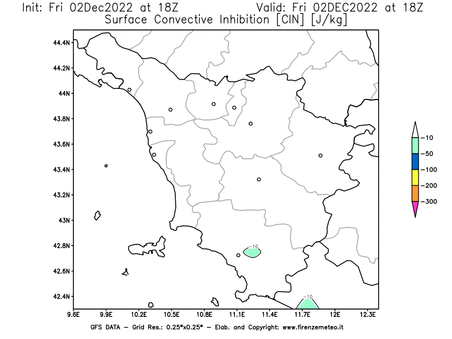 Mappa di analisi GFS - CIN [J/kg] in Toscana
							del 02/12/2022 18 <!--googleoff: index-->UTC<!--googleon: index-->