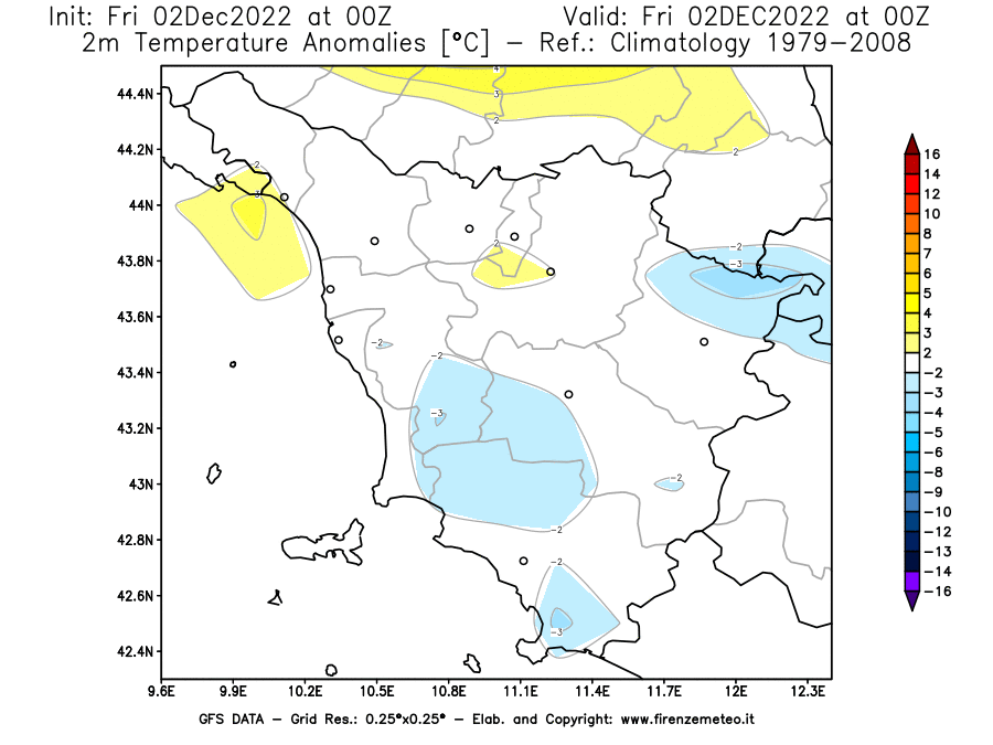 Mappa di analisi GFS - Anomalia Temperatura [°C] a 2 m in Toscana
							del 02/12/2022 00 <!--googleoff: index-->UTC<!--googleon: index-->