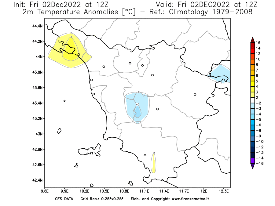 Mappa di analisi GFS - Anomalia Temperatura [°C] a 2 m in Toscana
							del 02/12/2022 12 <!--googleoff: index-->UTC<!--googleon: index-->
