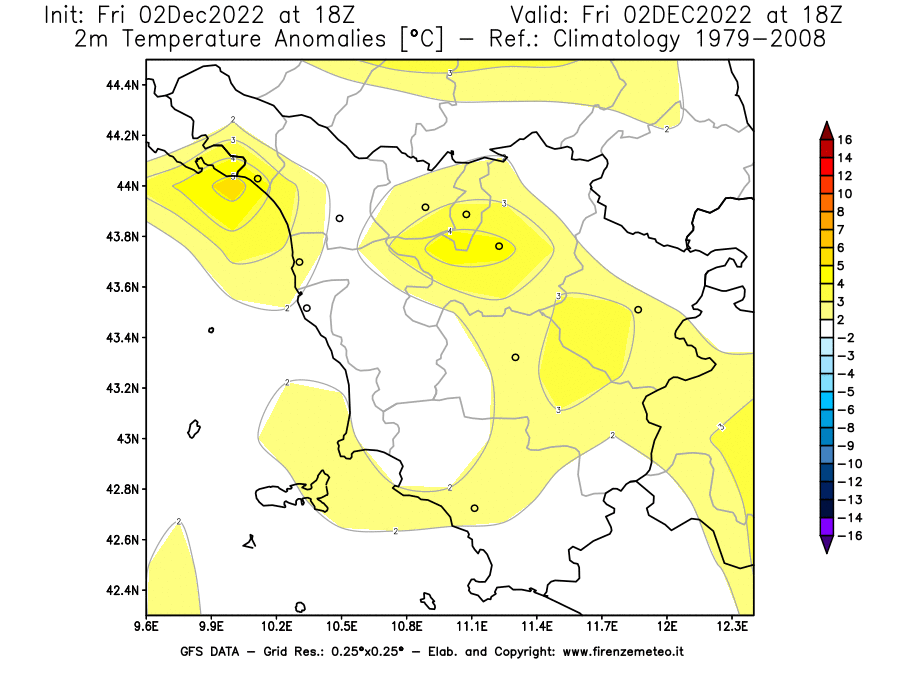 Mappa di analisi GFS - Anomalia Temperatura [°C] a 2 m in Toscana
							del 02/12/2022 18 <!--googleoff: index-->UTC<!--googleon: index-->