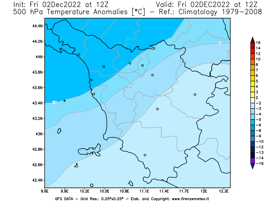 Mappa di analisi GFS - Anomalia Temperatura [°C] a 500 hPa in Toscana
							del 02/12/2022 12 <!--googleoff: index-->UTC<!--googleon: index-->