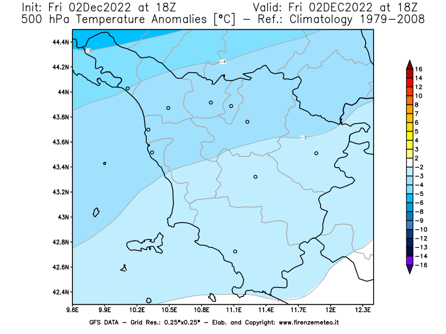 Mappa di analisi GFS - Anomalia Temperatura [°C] a 500 hPa in Toscana
							del 02/12/2022 18 <!--googleoff: index-->UTC<!--googleon: index-->