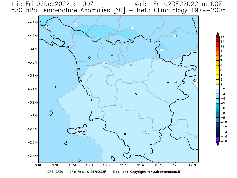 Mappa di analisi GFS - Anomalia Temperatura [°C] a 850 hPa in Toscana
							del 02/12/2022 00 <!--googleoff: index-->UTC<!--googleon: index-->