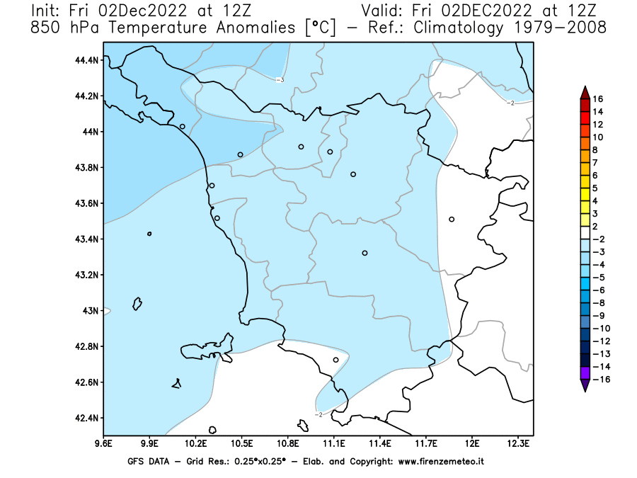 Mappa di analisi GFS - Anomalia Temperatura [°C] a 850 hPa in Toscana
							del 02/12/2022 12 <!--googleoff: index-->UTC<!--googleon: index-->