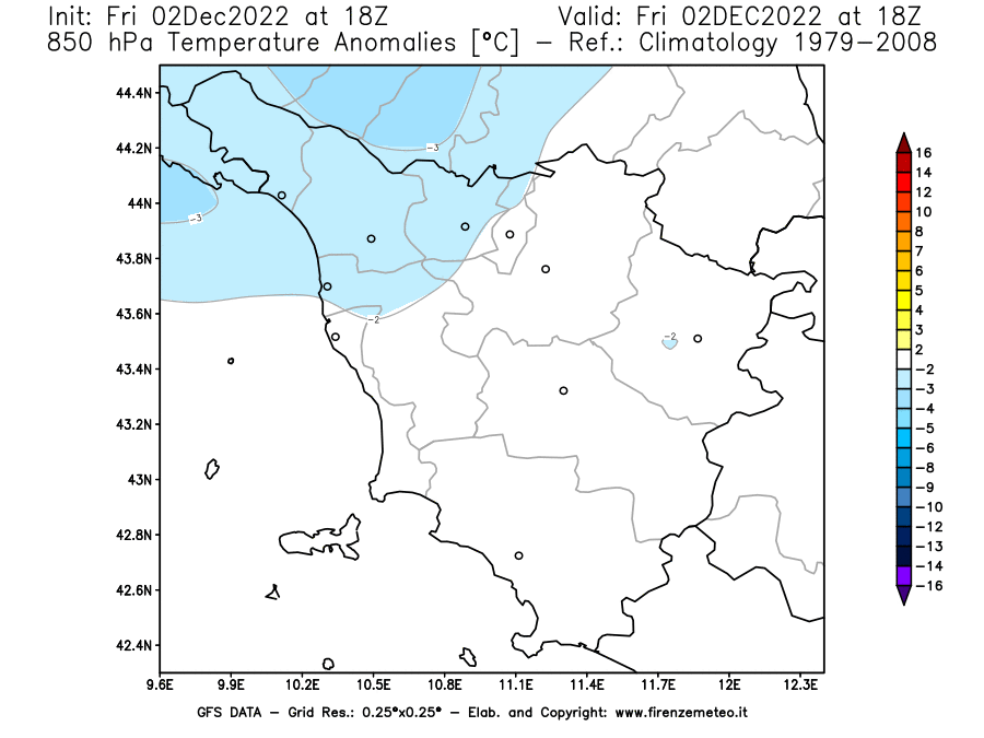 Mappa di analisi GFS - Anomalia Temperatura [°C] a 850 hPa in Toscana
							del 02/12/2022 18 <!--googleoff: index-->UTC<!--googleon: index-->