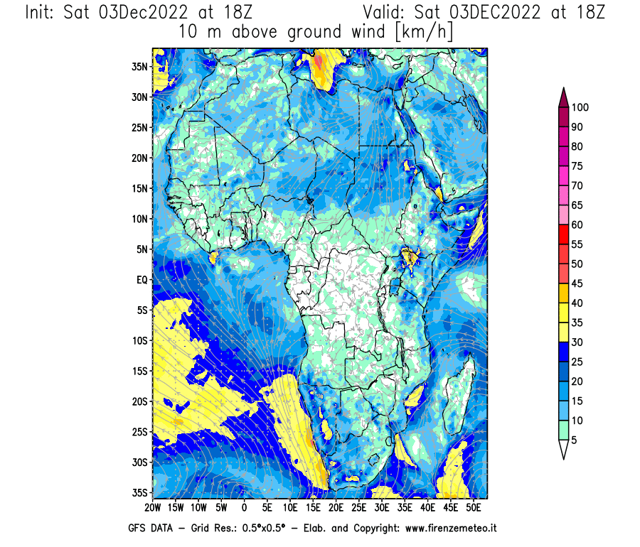 Mappa di analisi GFS - Velocità del vento a 10 metri dal suolo [km/h] in Africa
							del 03/12/2022 18 <!--googleoff: index-->UTC<!--googleon: index-->