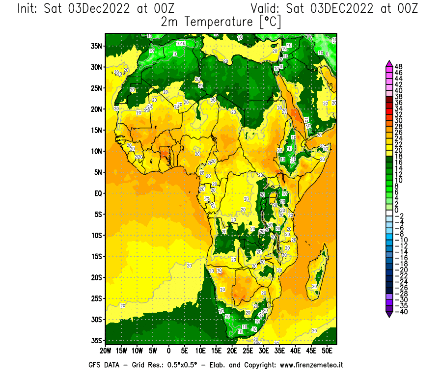 Mappa di analisi GFS - Temperatura a 2 metri dal suolo [°C] in Africa
							del 03/12/2022 00 <!--googleoff: index-->UTC<!--googleon: index-->