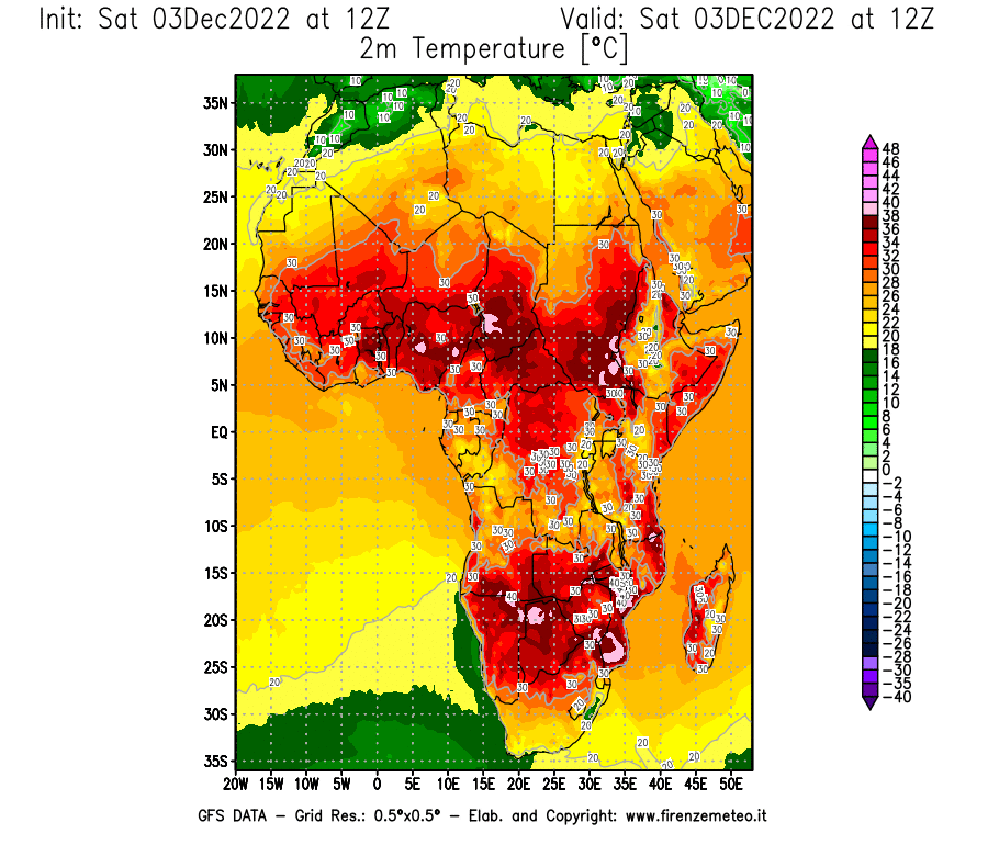 Mappa di analisi GFS - Temperatura a 2 metri dal suolo [°C] in Africa
							del 03/12/2022 12 <!--googleoff: index-->UTC<!--googleon: index-->