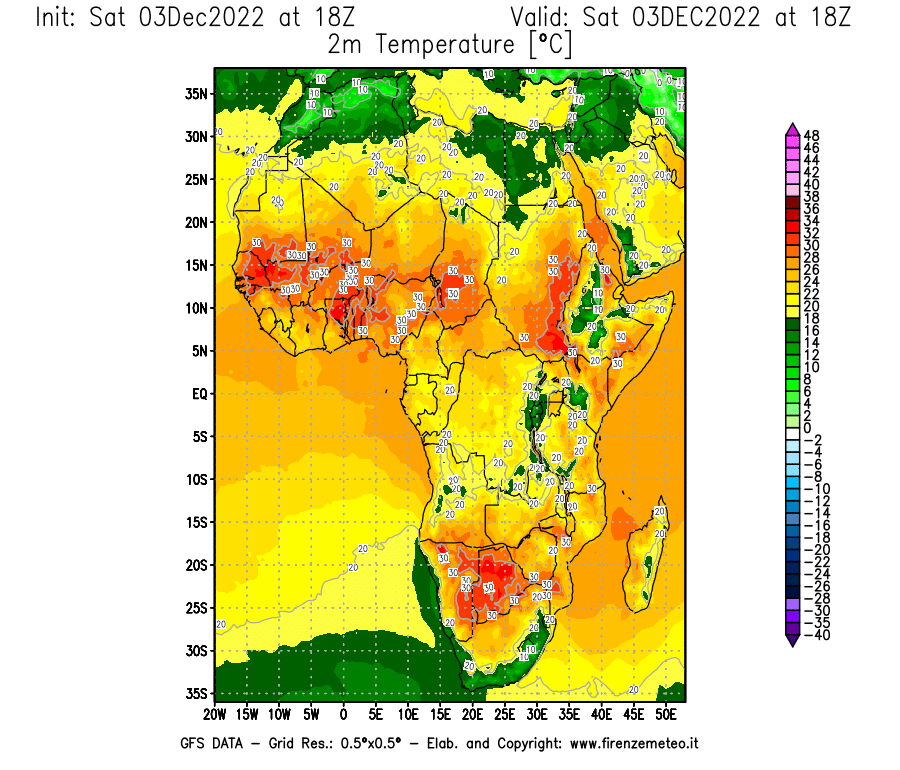 Mappa di analisi GFS - Temperatura a 2 metri dal suolo [°C] in Africa
							del 03/12/2022 18 <!--googleoff: index-->UTC<!--googleon: index-->