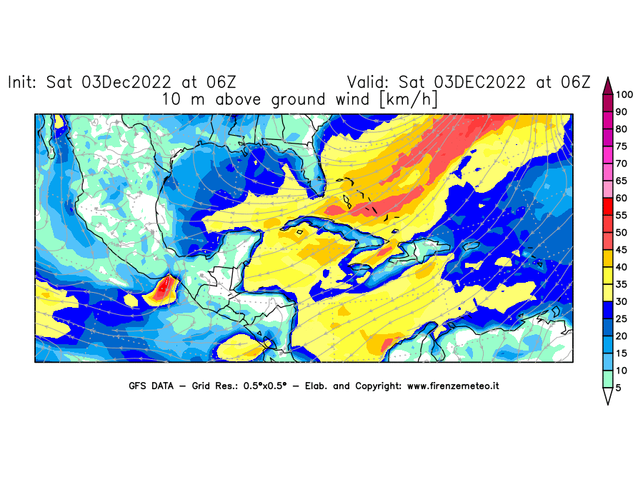 Mappa di analisi GFS - Velocità del vento a 10 metri dal suolo [km/h] in Centro-America
							del 03/12/2022 06 <!--googleoff: index-->UTC<!--googleon: index-->