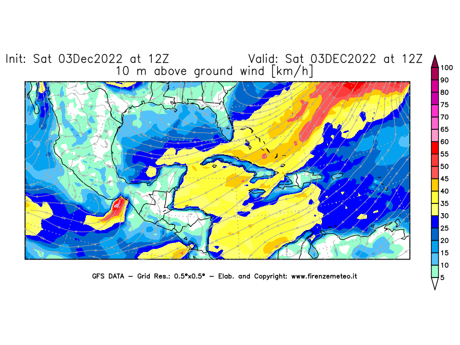 Mappa di analisi GFS - Velocità del vento a 10 metri dal suolo [km/h] in Centro-America
							del 03/12/2022 12 <!--googleoff: index-->UTC<!--googleon: index-->