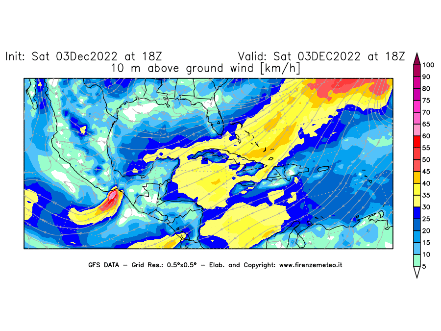 Mappa di analisi GFS - Velocità del vento a 10 metri dal suolo [km/h] in Centro-America
							del 03/12/2022 18 <!--googleoff: index-->UTC<!--googleon: index-->