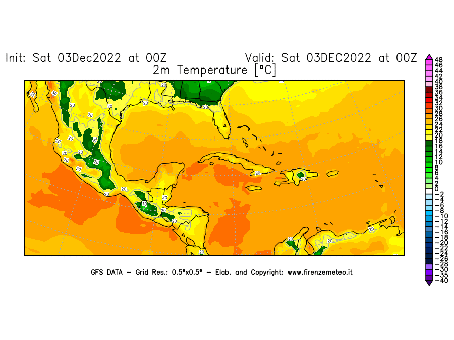 Mappa di analisi GFS - Temperatura a 2 metri dal suolo [°C] in Centro-America
							del 03/12/2022 00 <!--googleoff: index-->UTC<!--googleon: index-->