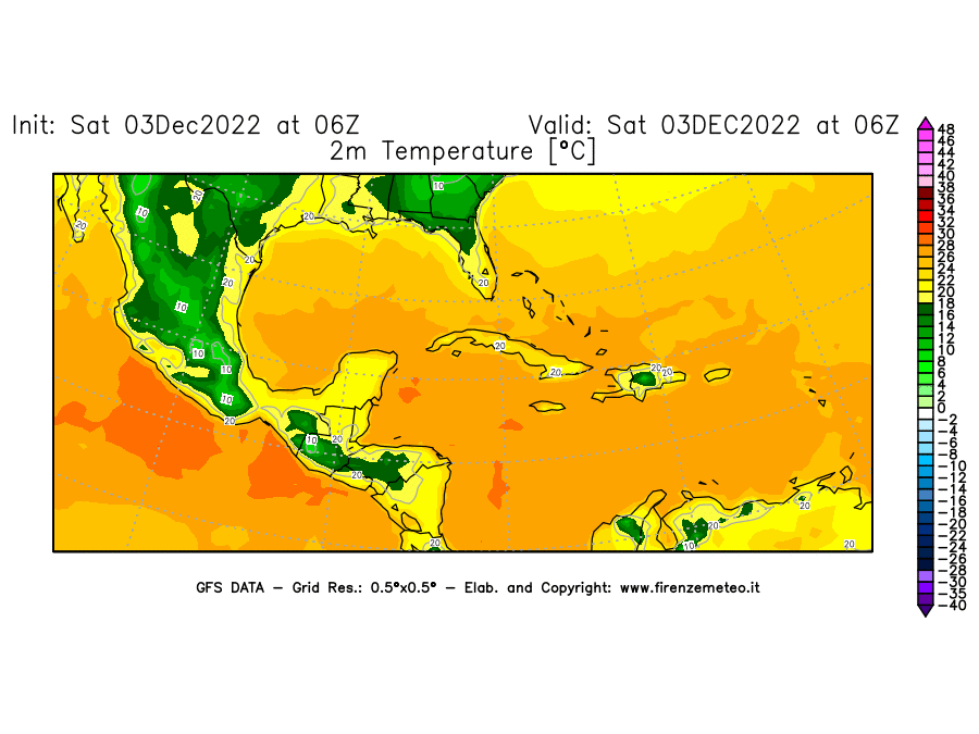 Mappa di analisi GFS - Temperatura a 2 metri dal suolo [°C] in Centro-America
							del 03/12/2022 06 <!--googleoff: index-->UTC<!--googleon: index-->