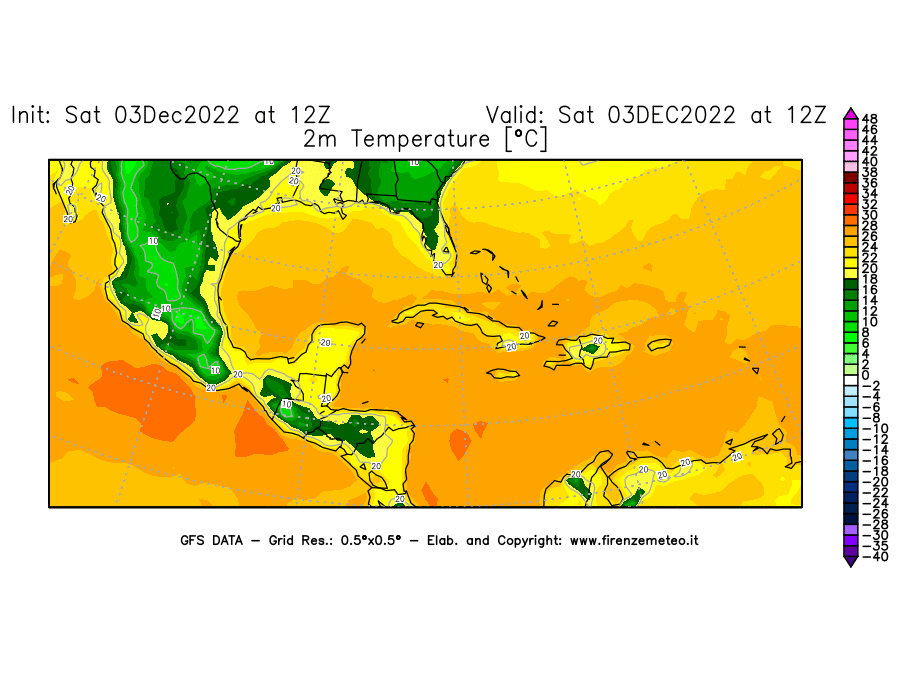 Mappa di analisi GFS - Temperatura a 2 metri dal suolo [°C] in Centro-America
							del 03/12/2022 12 <!--googleoff: index-->UTC<!--googleon: index-->