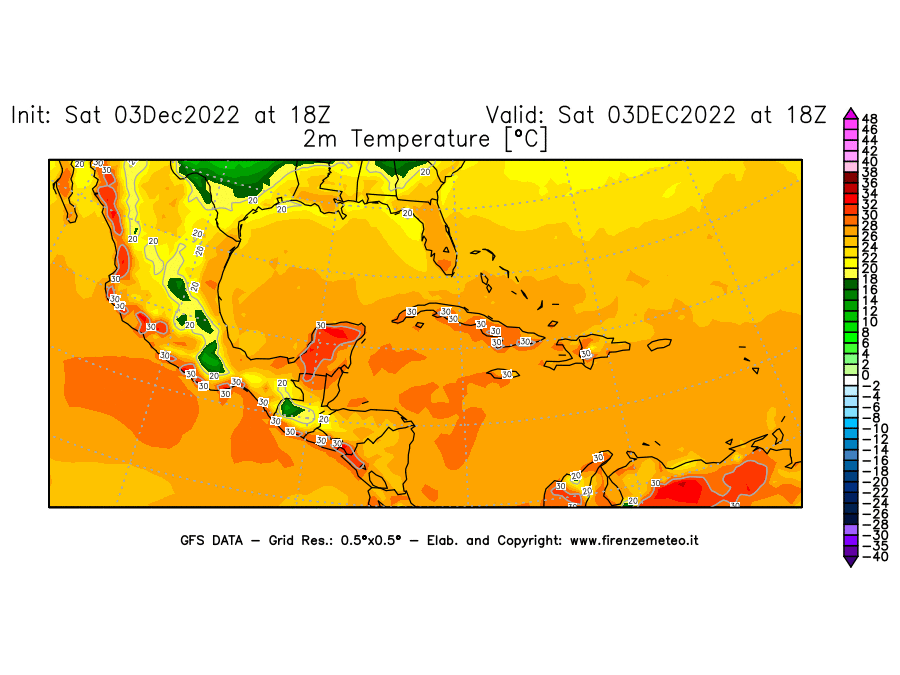 Mappa di analisi GFS - Temperatura a 2 metri dal suolo [°C] in Centro-America
							del 03/12/2022 18 <!--googleoff: index-->UTC<!--googleon: index-->