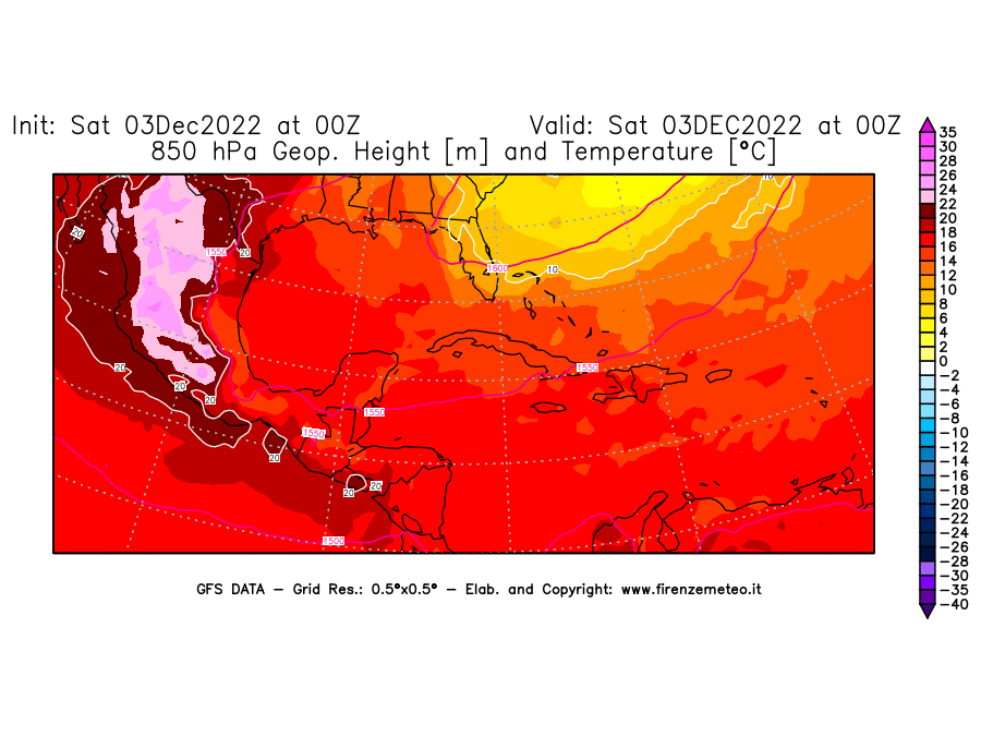 Mappa di analisi GFS - Geopotenziale [m] e Temperatura [°C] a 850 hPa in Centro-America
							del 03/12/2022 00 <!--googleoff: index-->UTC<!--googleon: index-->